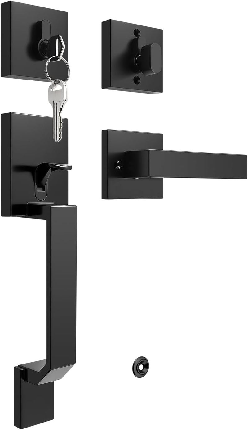 Tinewa Black Square Front Door Handle with Classic Door Lever and Single Cylinder Deadbolt, Upgrated Exterior Entry Door Lock, Reversible for Left & Right Handed 1 Pack - Image 1